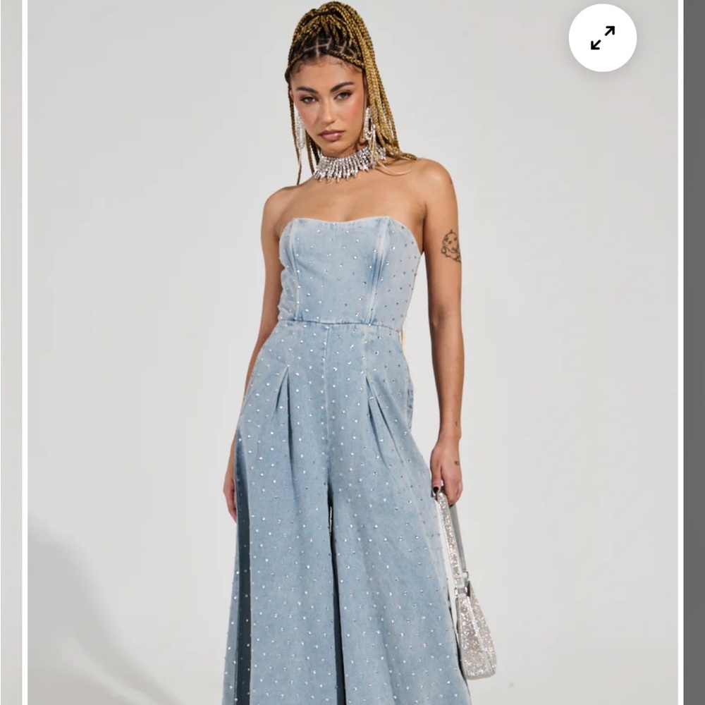 Akira CAN'T OUTSHINE ME DENIM AND RHINESTONE JUMPSUIT